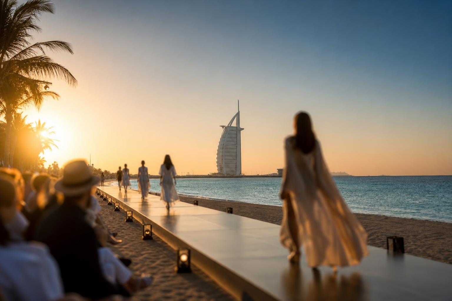 Beach fashion show runway at sunset, with softly blurred guests and models by the sea